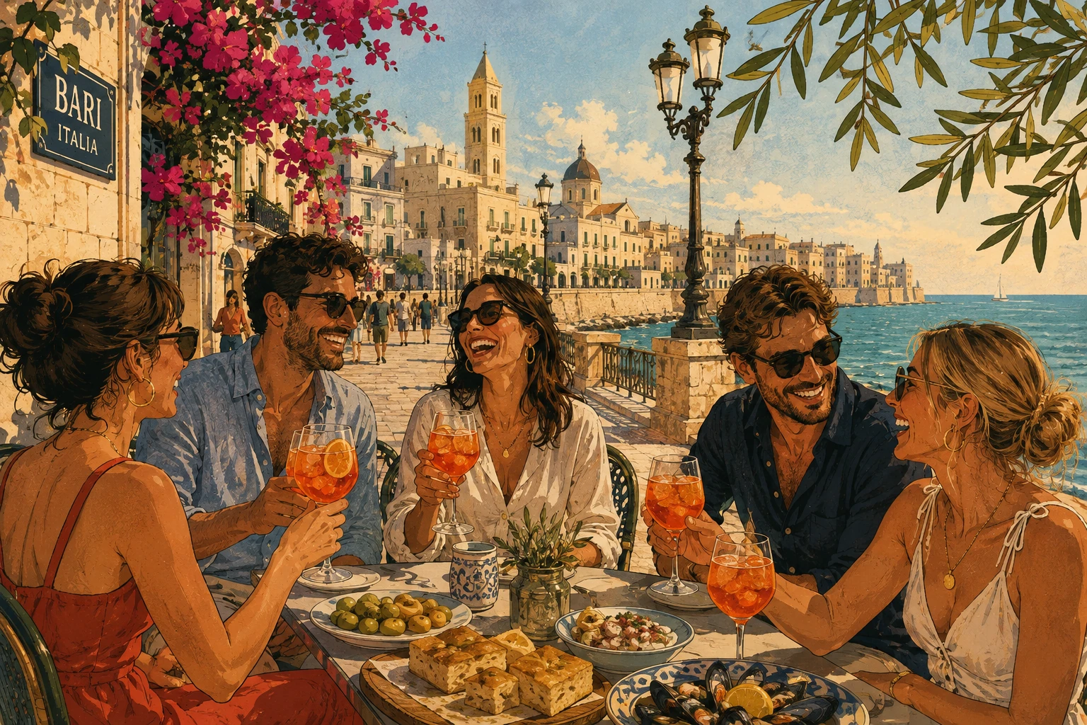Illustration of aperitivo beside the Adriatic waterfront in Bari