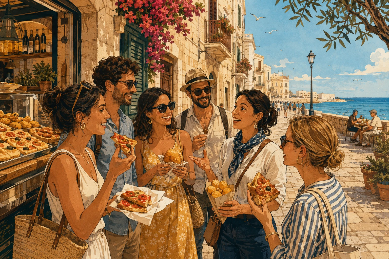 Illustration of a Bari street-food tour with focaccia, panzerotti, and old-town lanes