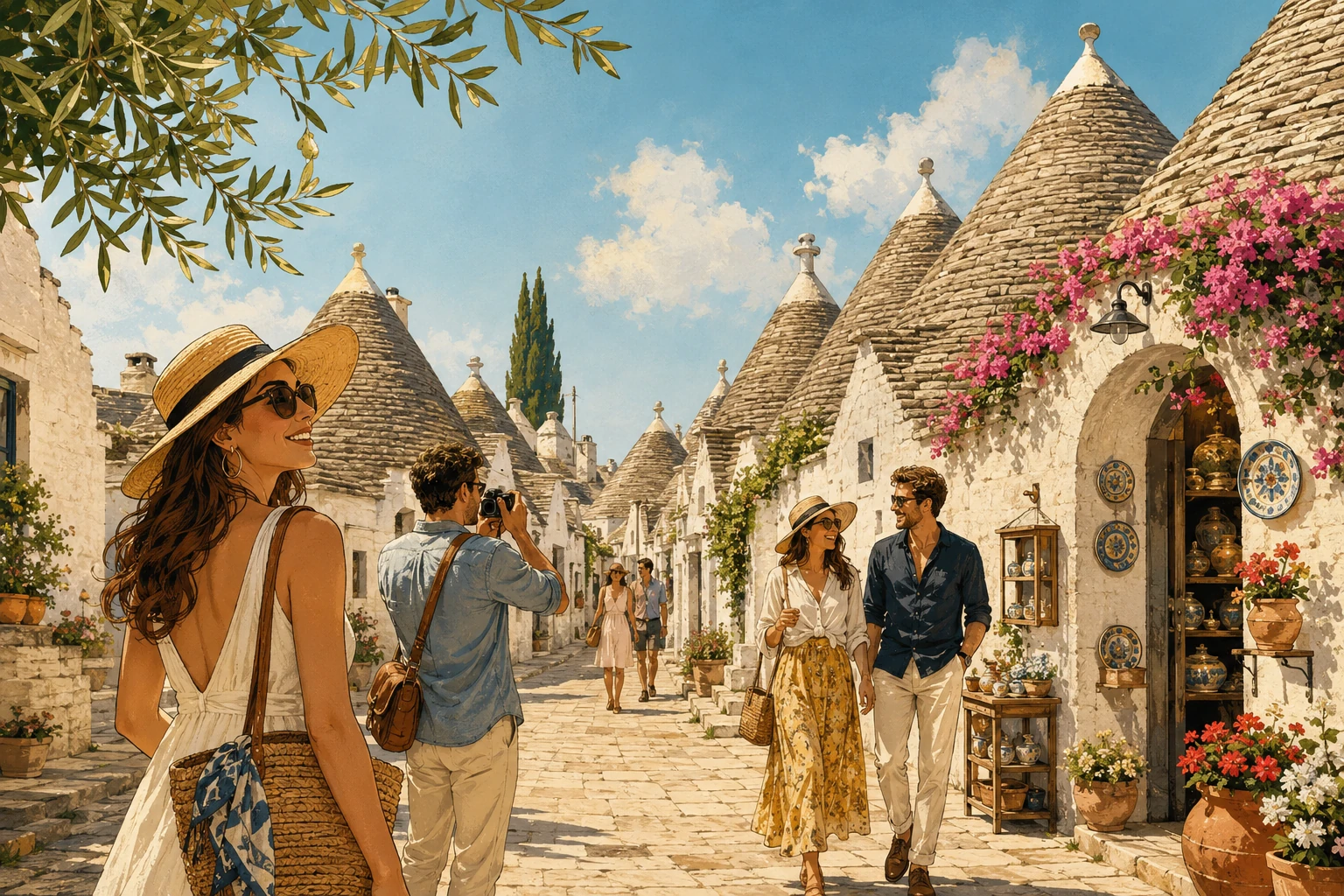 Illustration of Alberobello's white trulli houses on a day trip from Bari