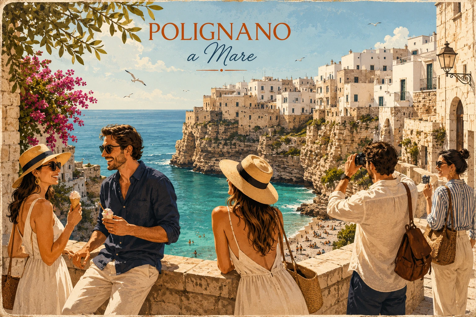 Illustration of Polignano a Mare's cliffside old town and Lama Monachile