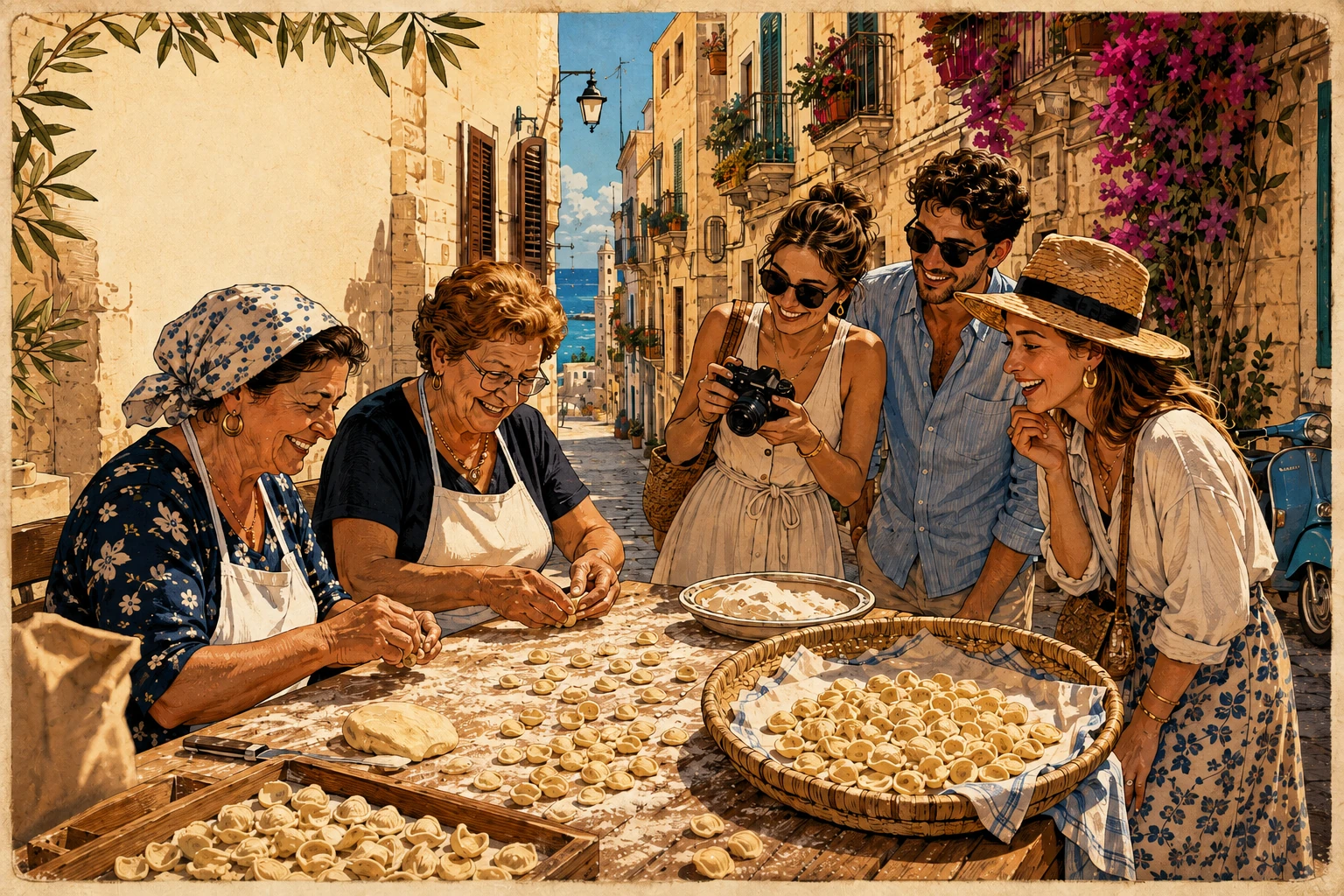 Illustration of local women making orecchiette in Bari Vecchia