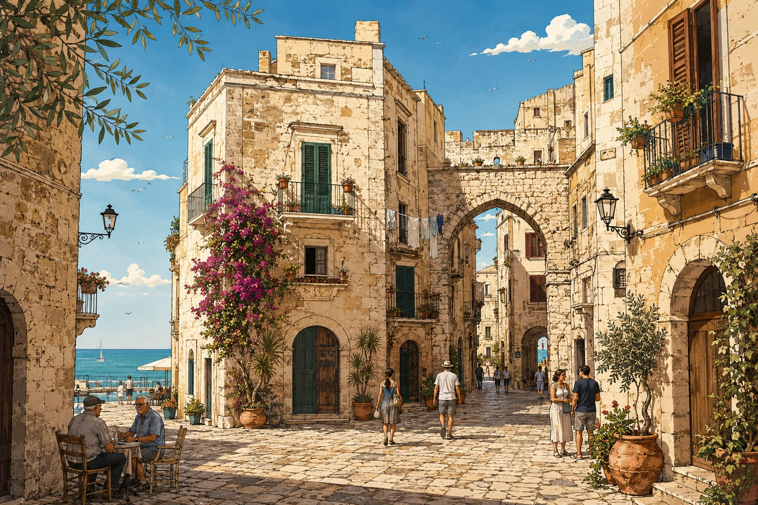 Illustration of the stone lanes and everyday street life of Bari Vecchia