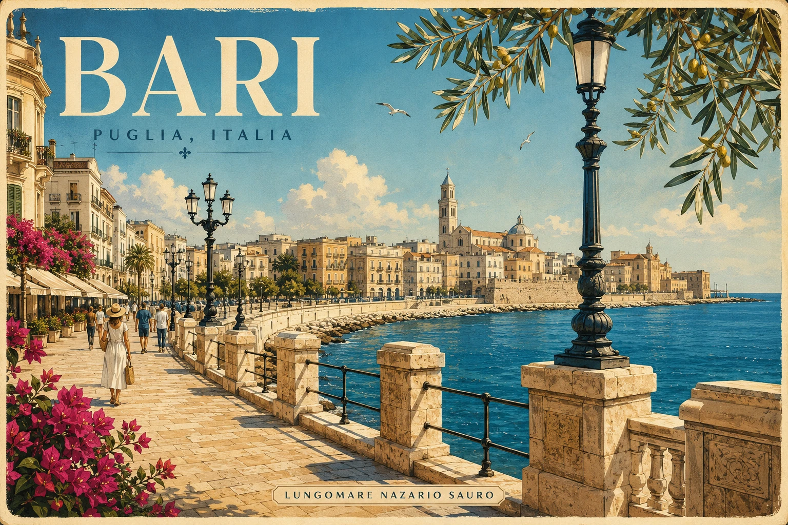 Illustration of Bari's long seafront promenade beside the Adriatic