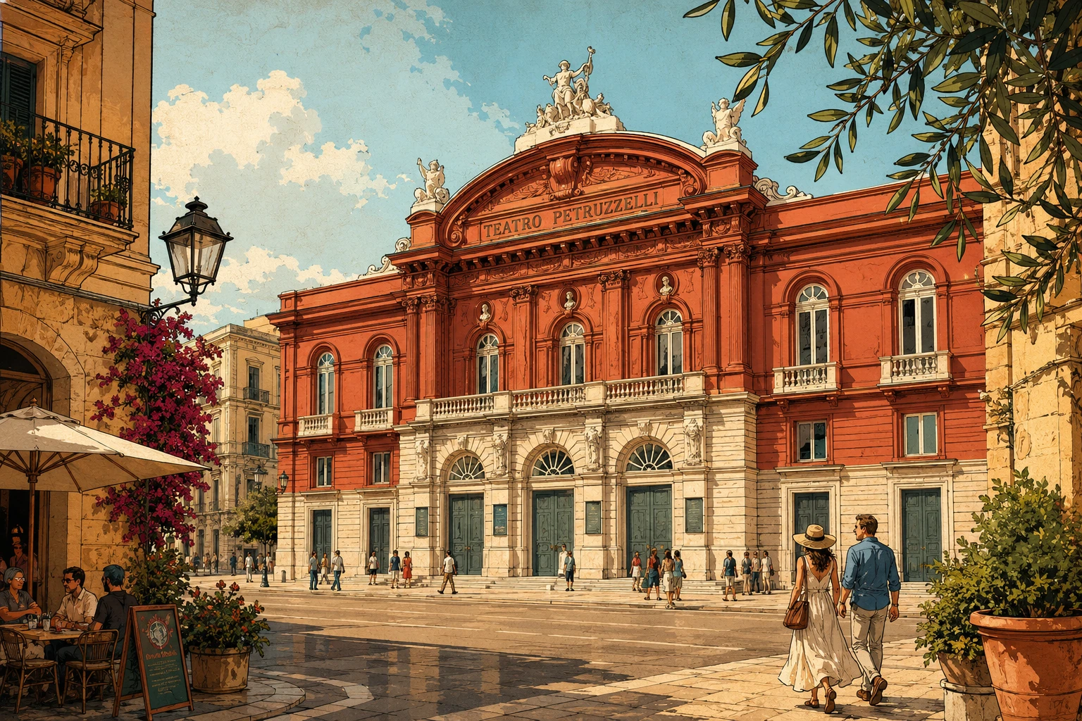 Illustration of the elegant red façade and interior of Teatro Petruzzelli