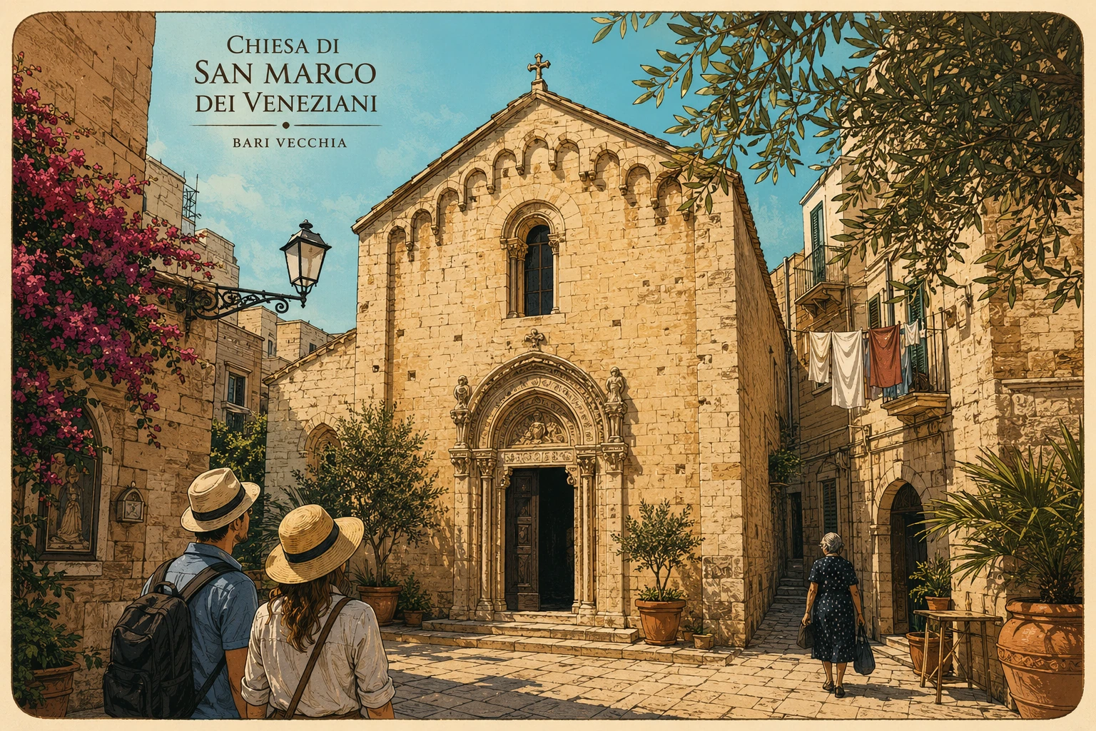 Illustration of the small Romanesque church of San Marco dei Veneziani in Bari