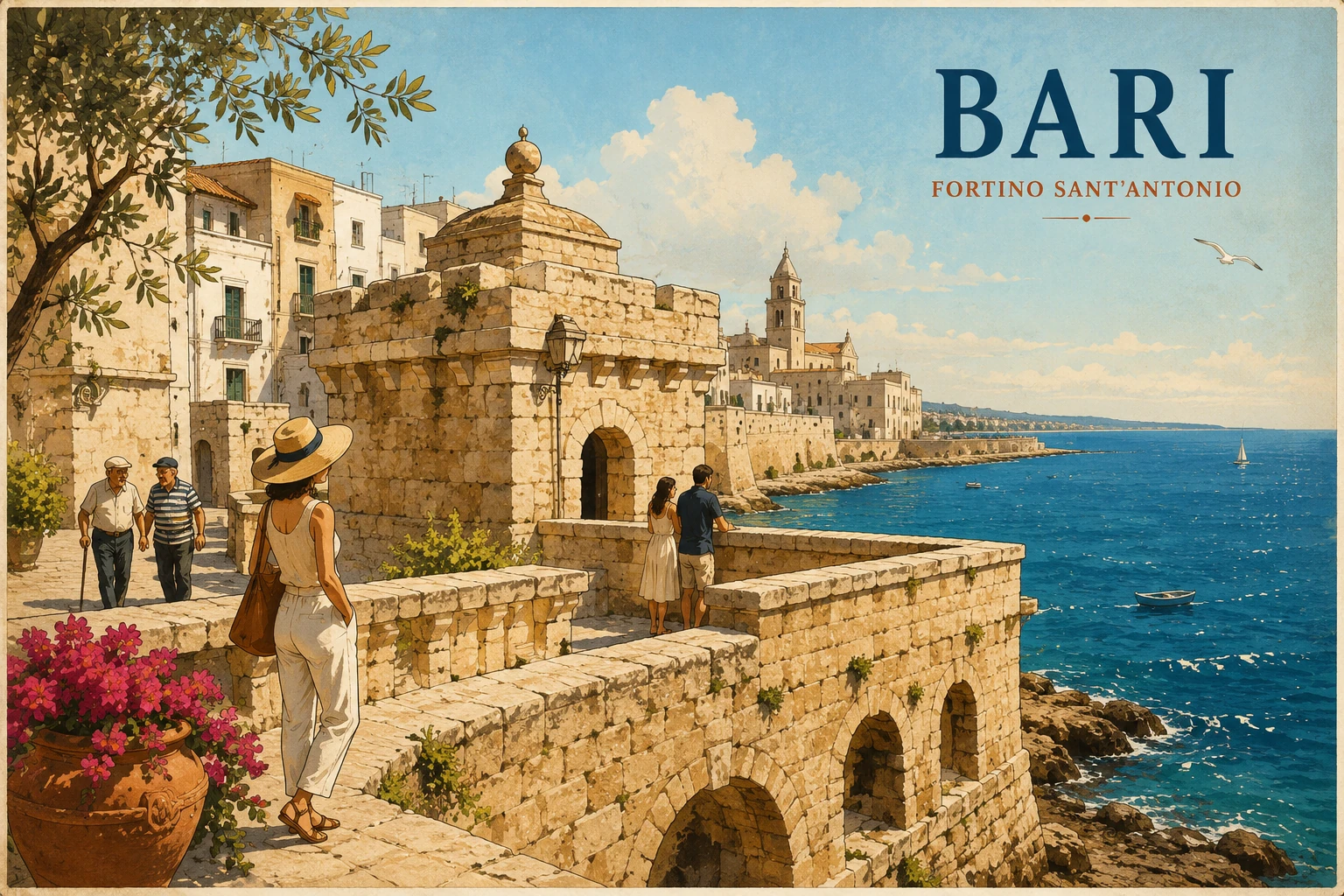 Illustration of Fortino Sant'Antonio overlooking Bari's waterfront