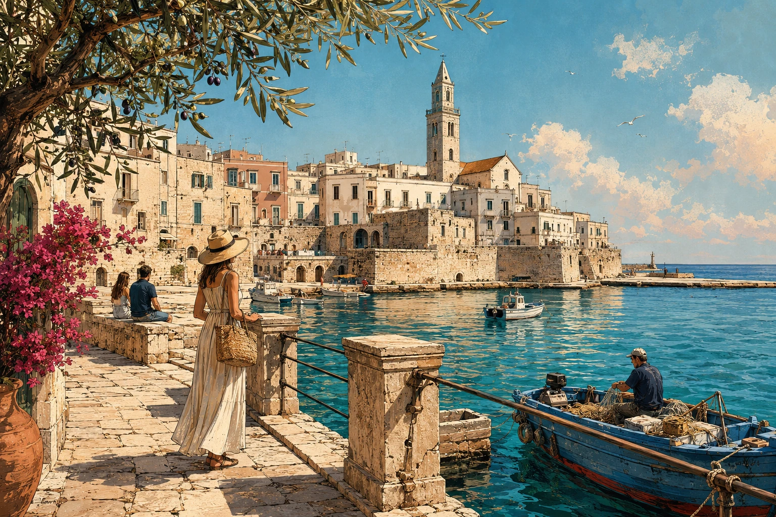 Illustration of fishing boats and local life at Molo San Nicola in Bari