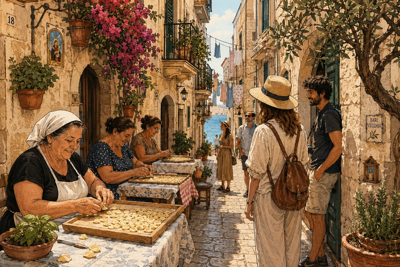 Illustration of orecchiette pasta drying along a lane in Bari Vecchia