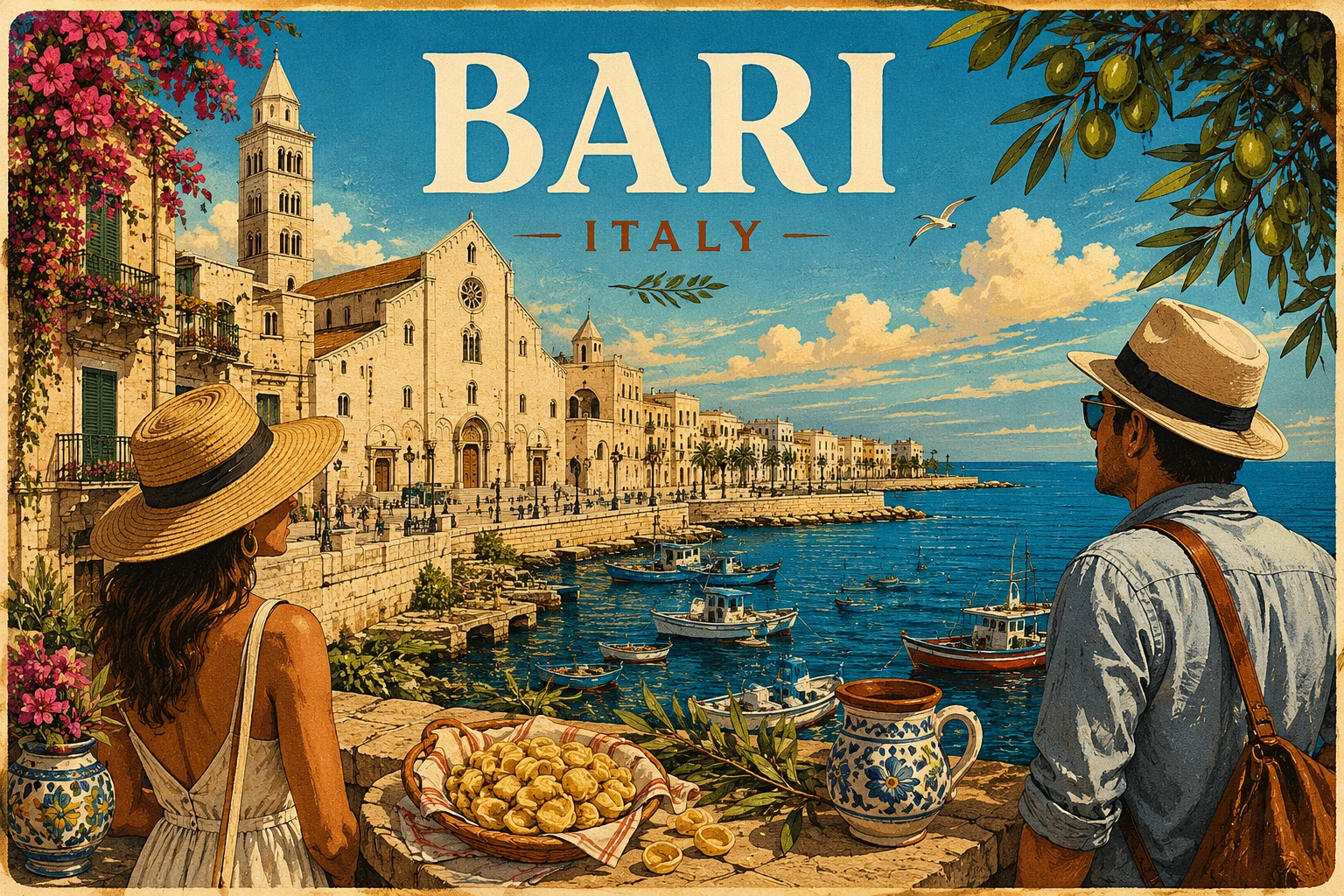 Illustrated panorama of Bari with the old town, Adriatic waterfront, fishing boats, and local food culture