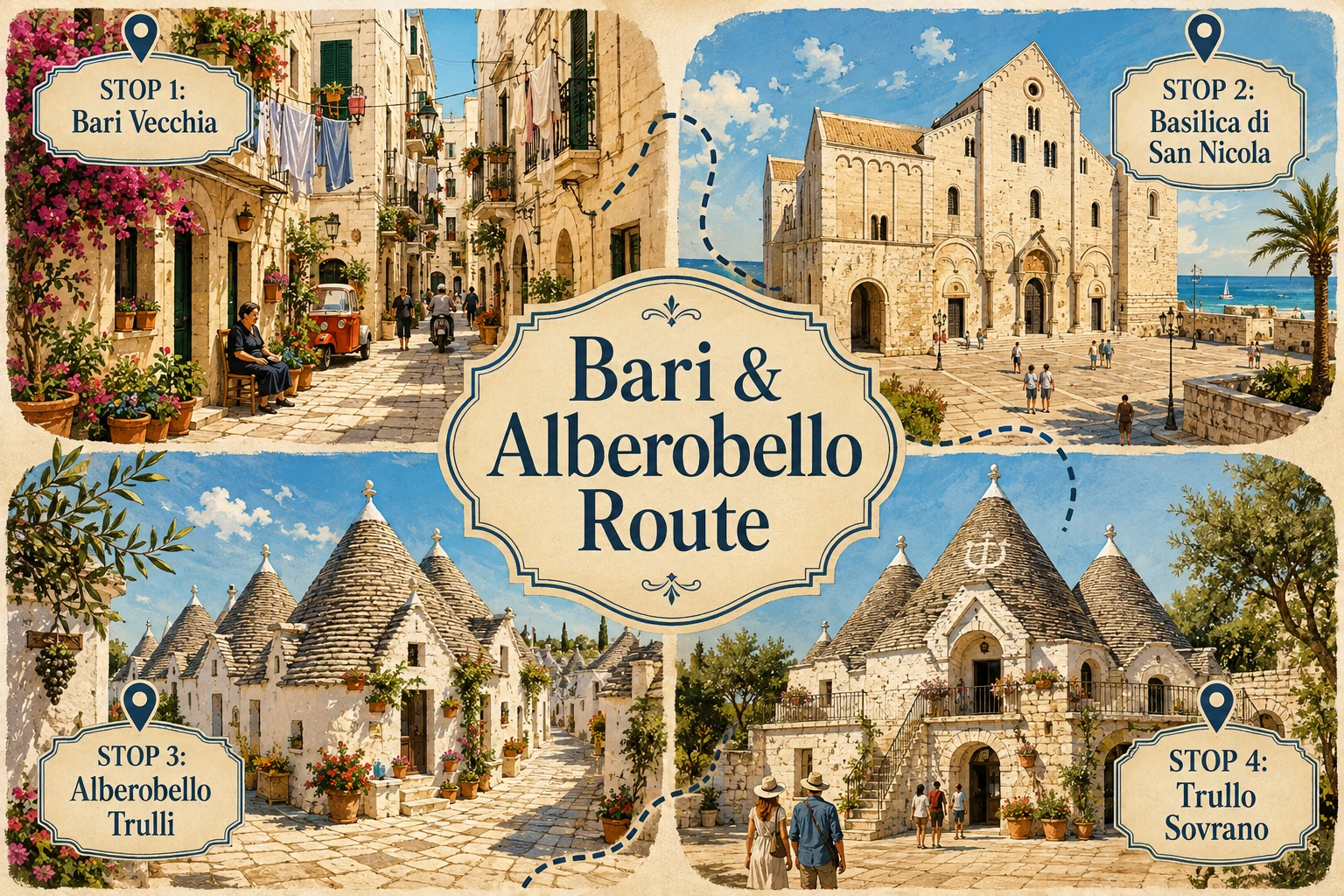 Illustrated day route linking Bari with Alberobello's trulli