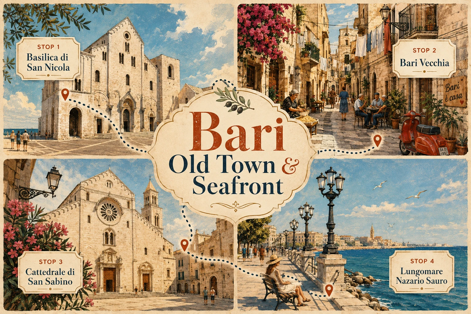 Illustrated route from Bari's old town to the Adriatic seafront