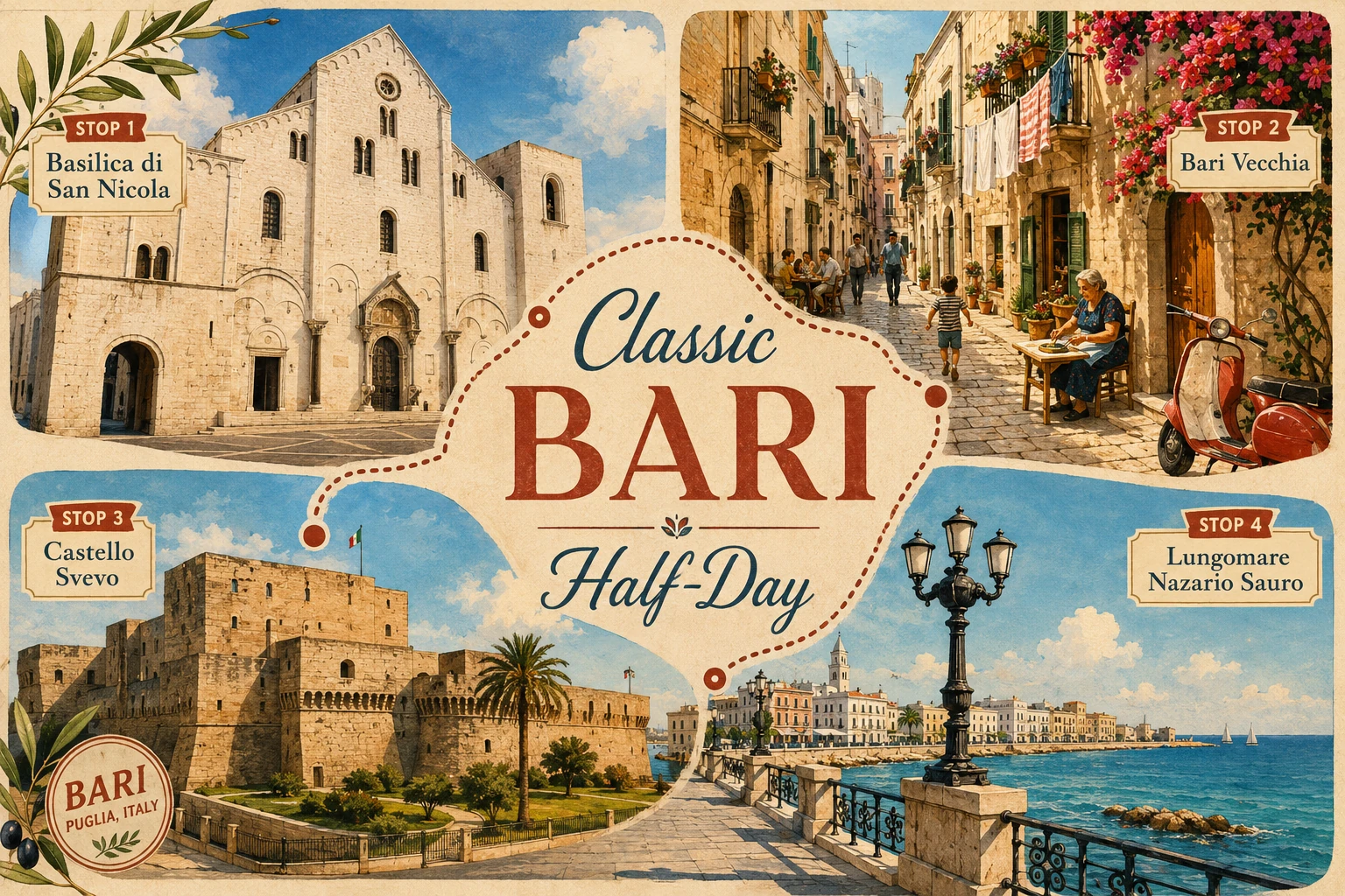 Illustrated half-day route through Bari Vecchia and the city's central landmarks