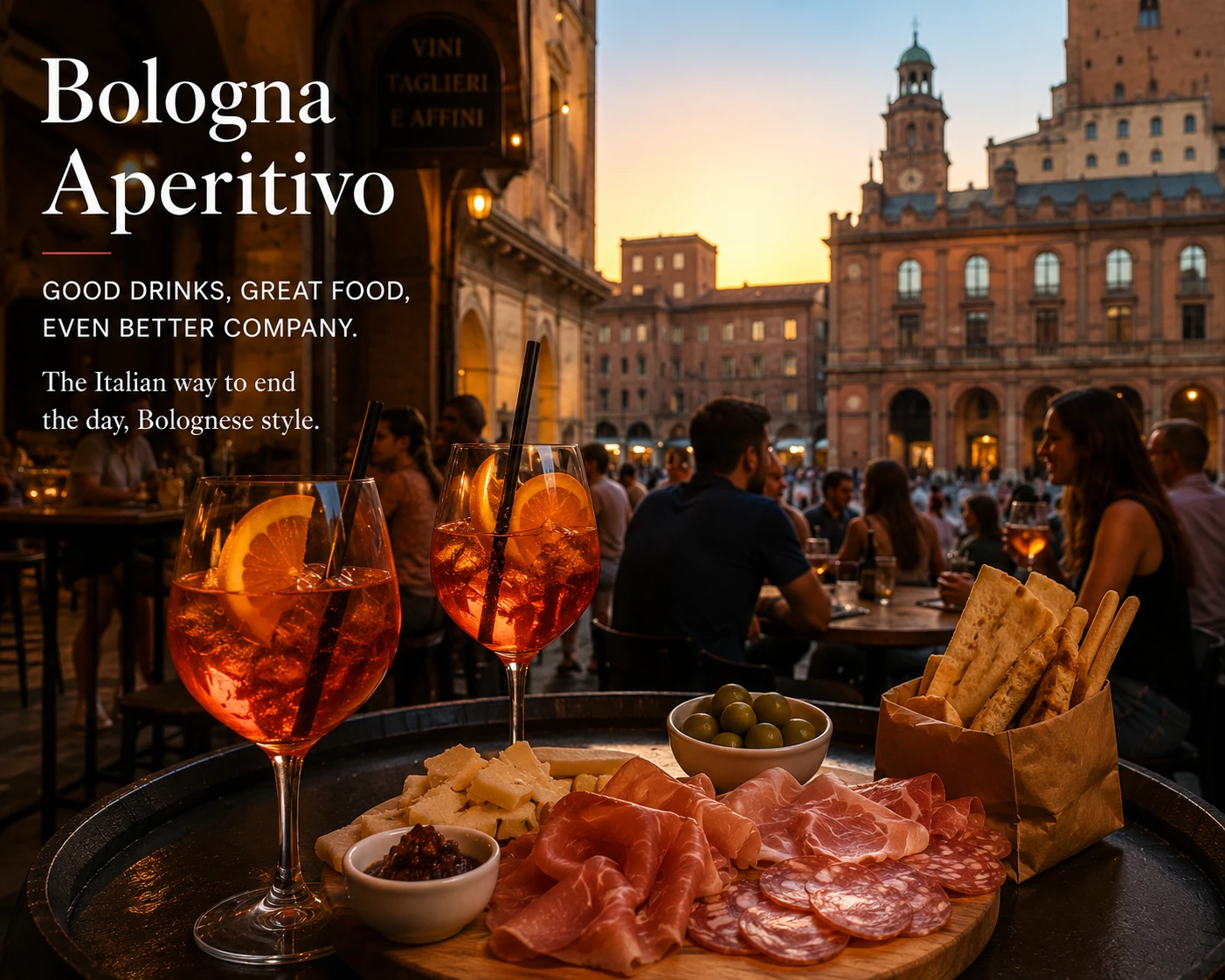 Bologna aperitivo with spritz, cured meats, cheese, and a lively piazza at sunset