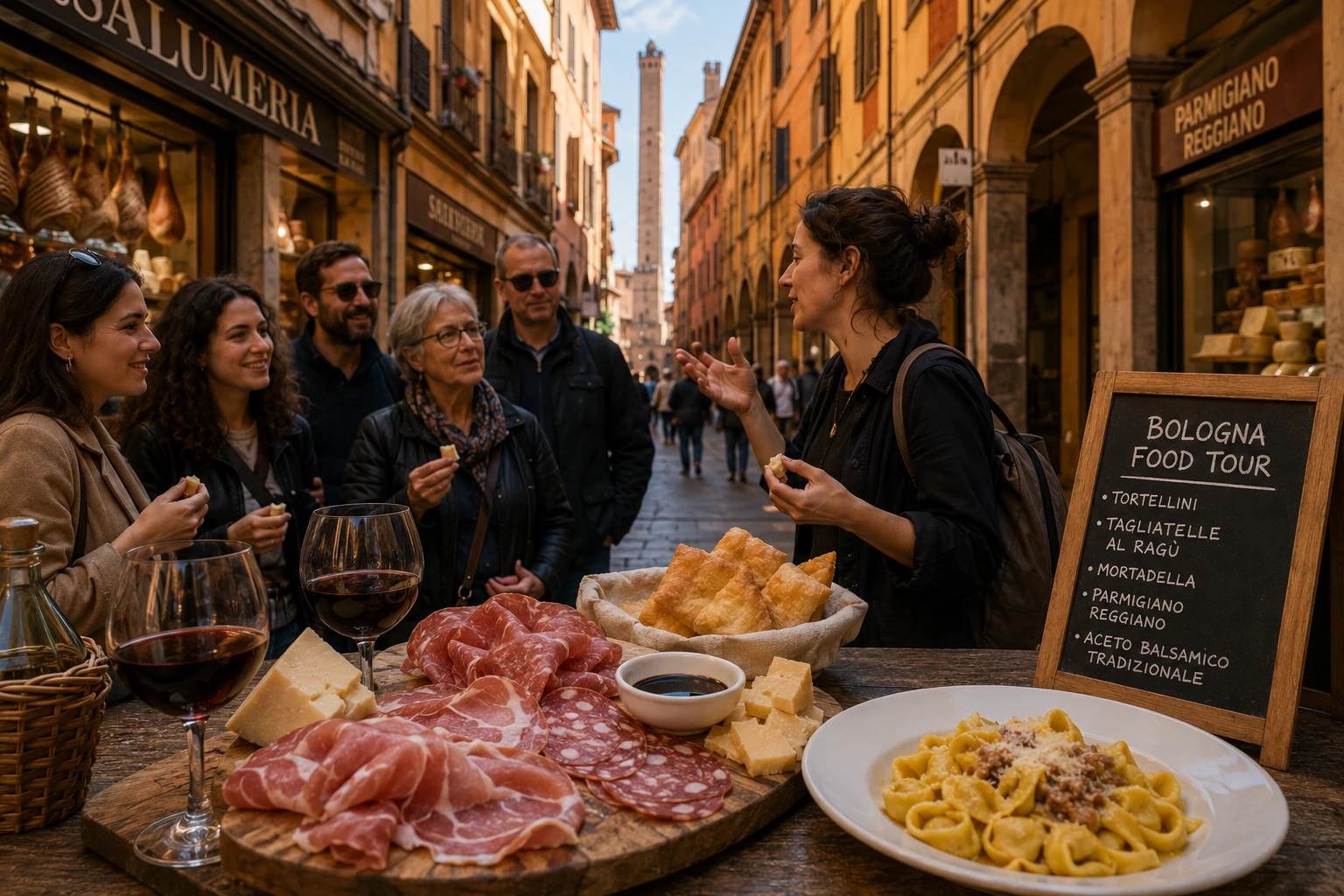 Guided Bologna food tour with local meats, cheese, pasta, and wine
