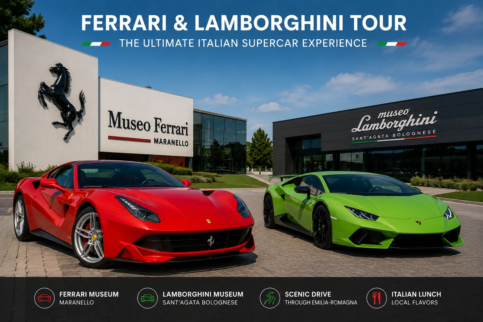 Ferrari and Lamborghini supercars outside their Motor Valley museums