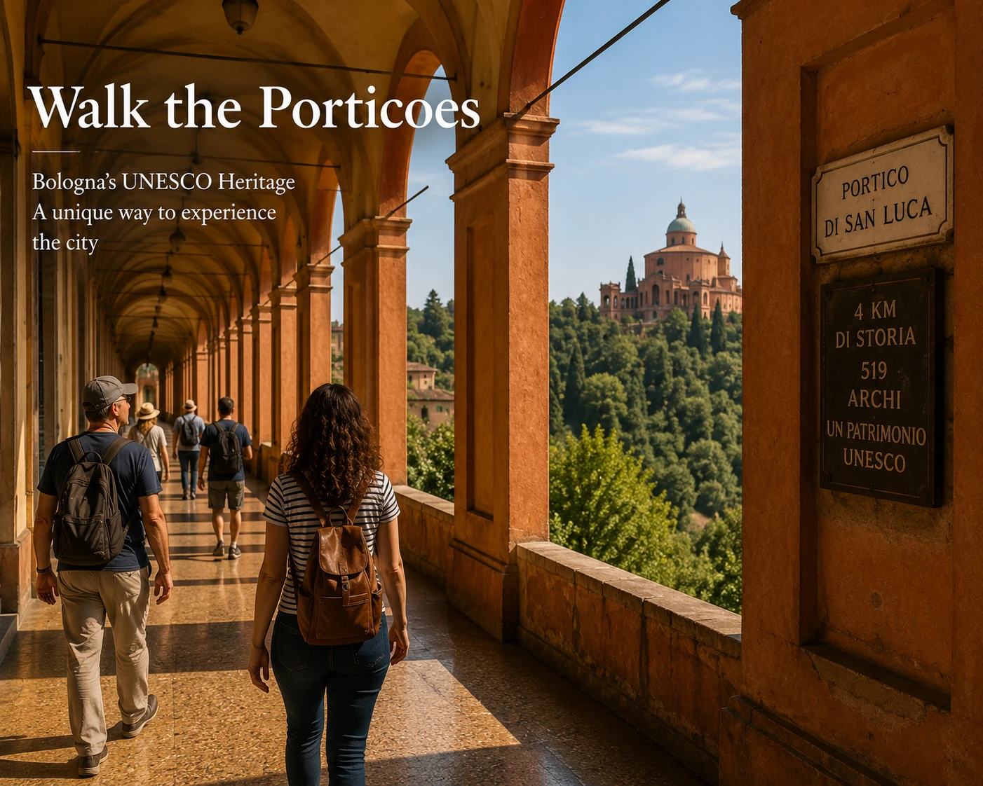 Travelers walking beneath Bologna's historic covered porticoes