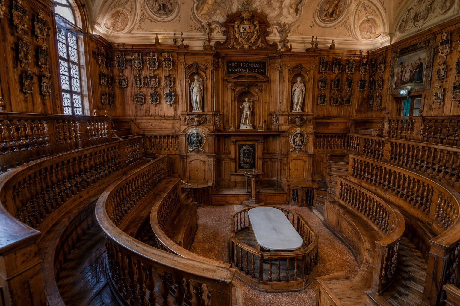 Historic wooden Anatomical Theatre inside the Archiginnasio of Bologna