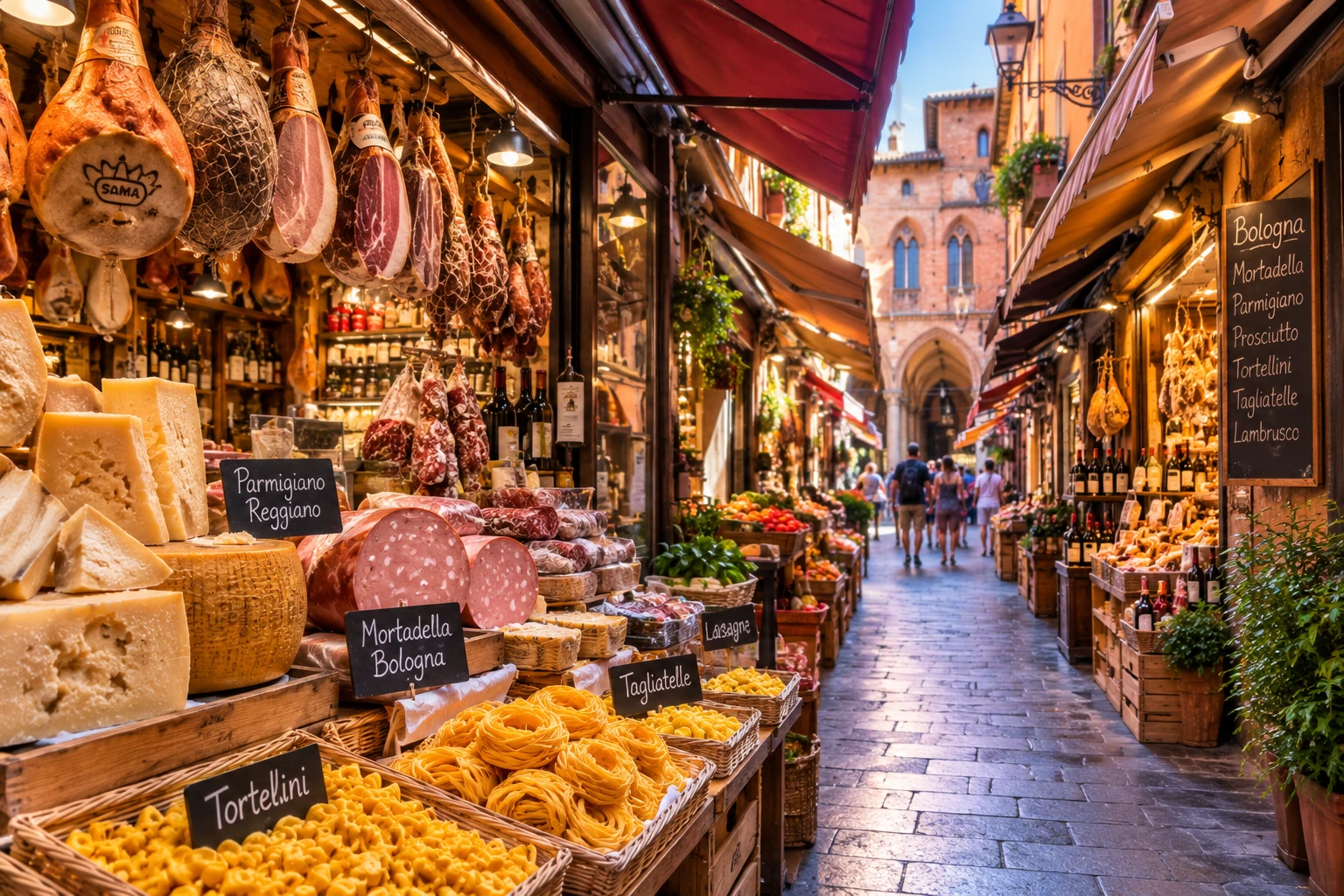 Traditional food stalls in Bologna's Quadrilatero Market