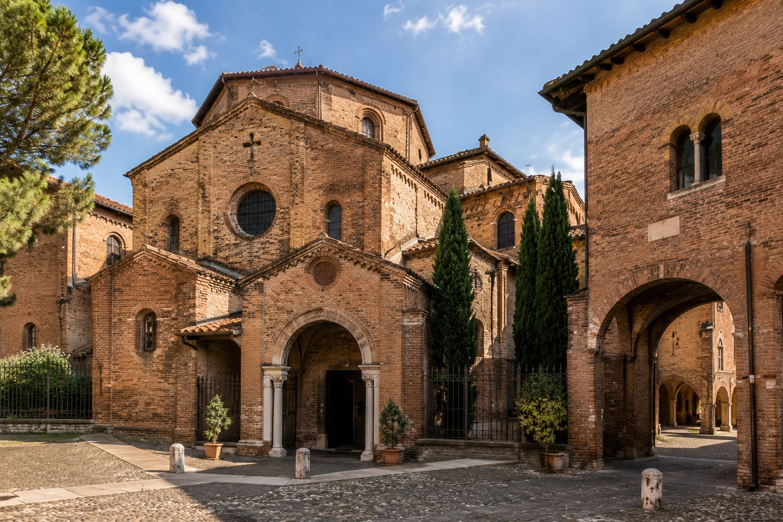Medieval brick churches and courtyard of Santo Stefano in Bologna