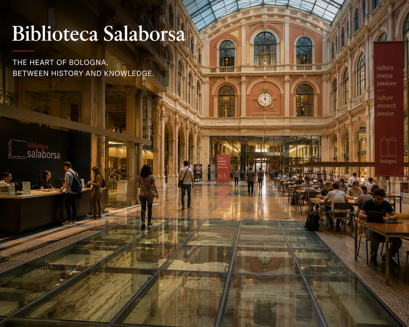 Biblioteca Salaborsa atrium with glass floors and archaeological remains