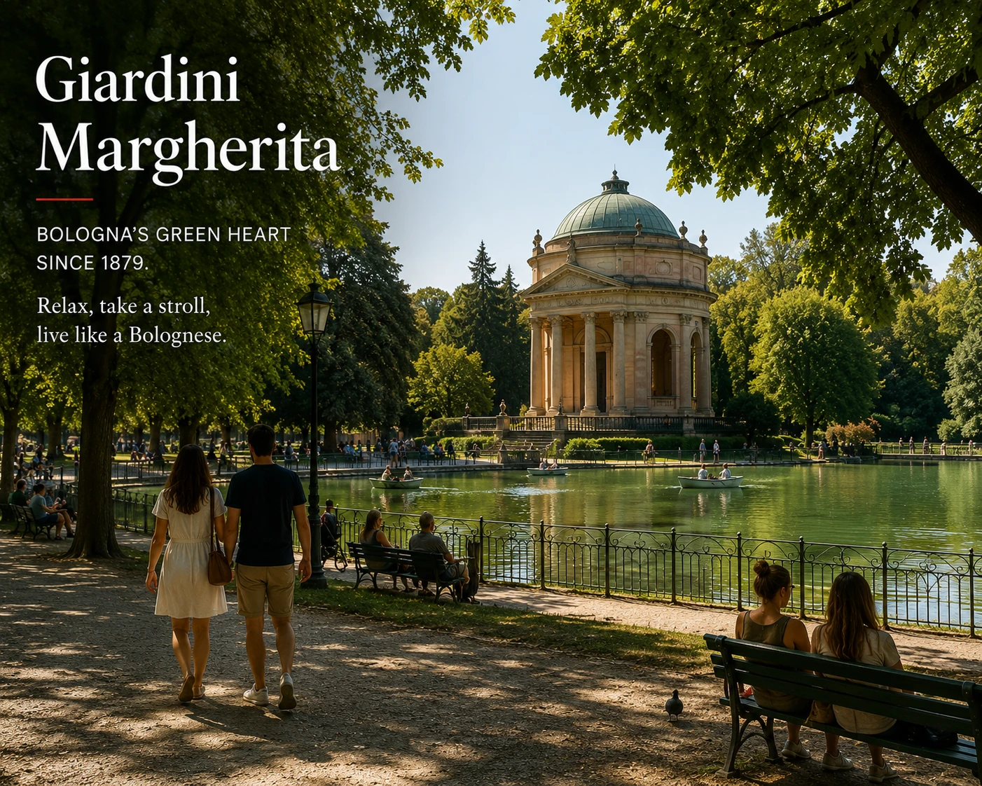 Giardini Margherita park with lake, trees, paths, and people relaxing