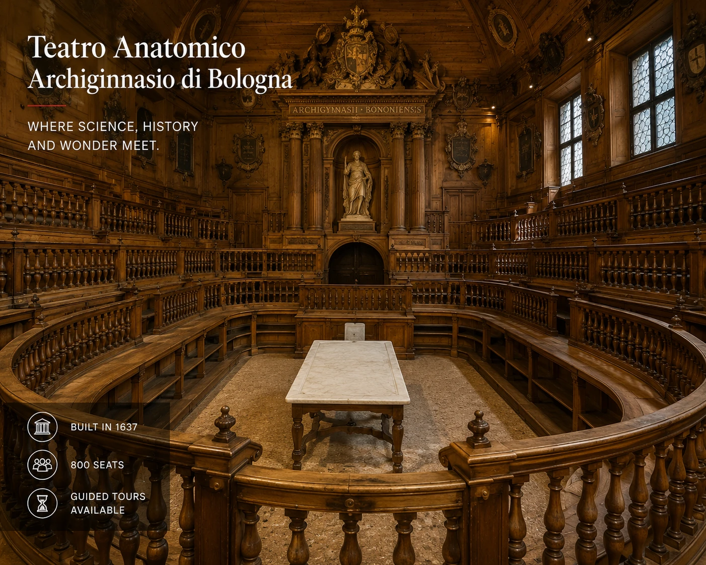Historic wooden Teatro Anatomico inside Bologna's Archiginnasio
