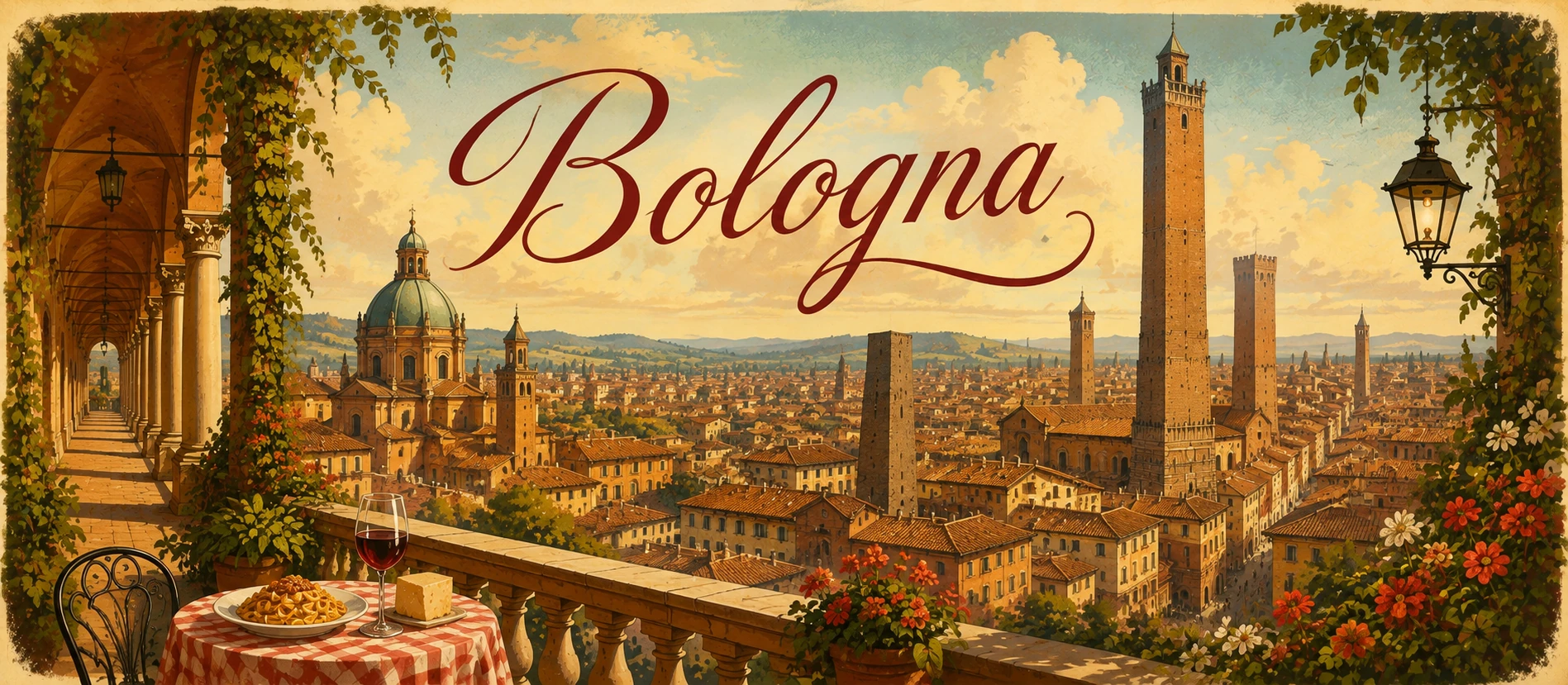 Bologna skyline with medieval towers, terracotta rooftops, porticoes, and lively streets