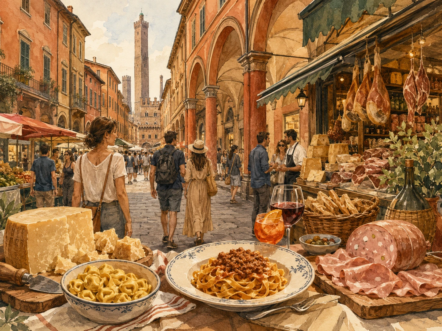 Bologna food walk through markets, pasta shops, and historic streets