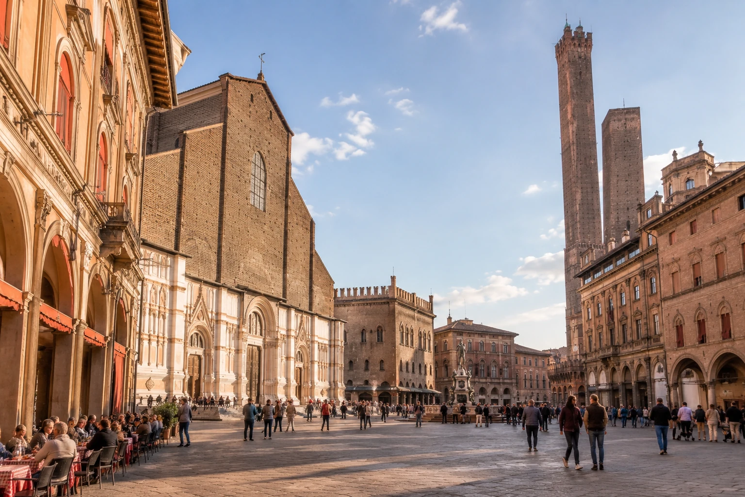 Classic Bologna city route through Piazza Maggiore and the medieval towers
