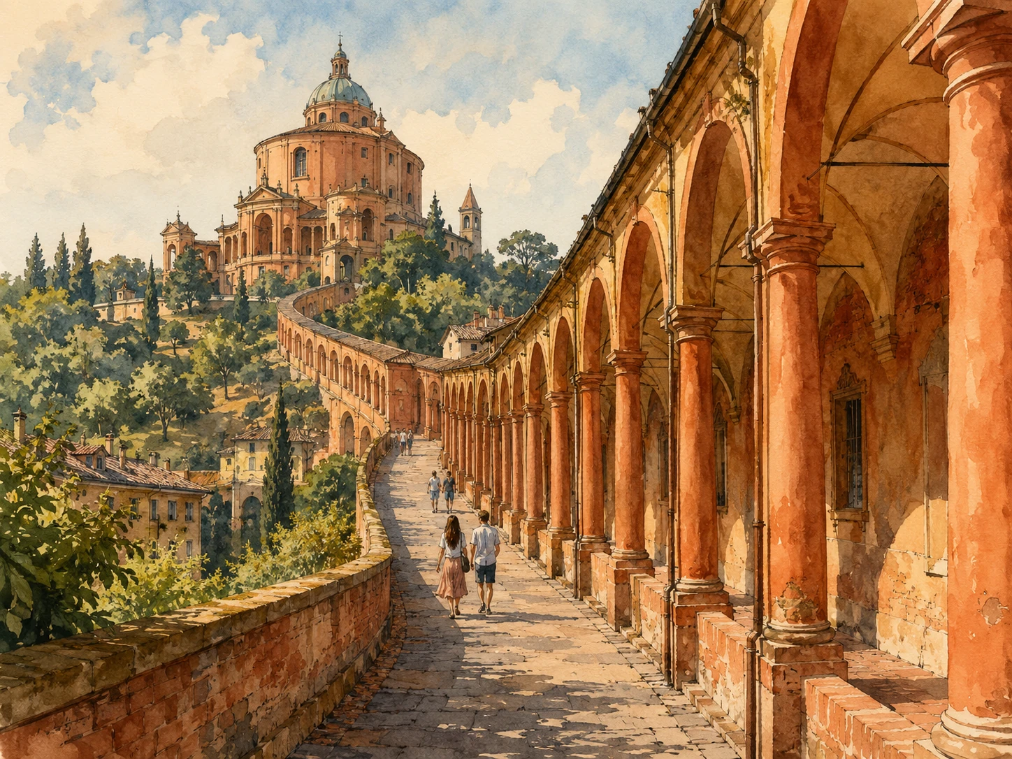 Covered porticoes leading uphill toward the Sanctuary of San Luca