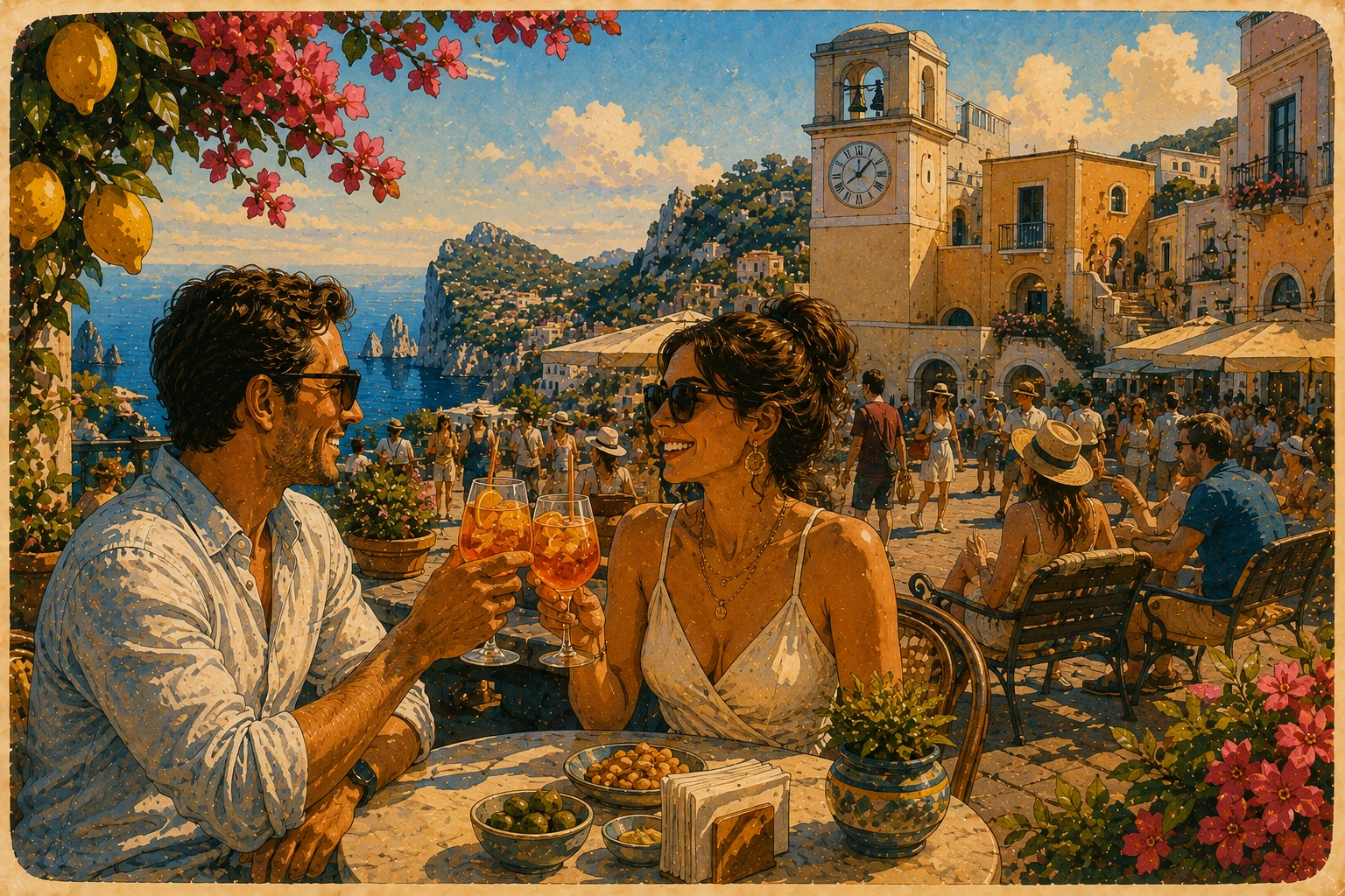 Illustration of aperitivo at a cafe table in Capri's Piazzetta