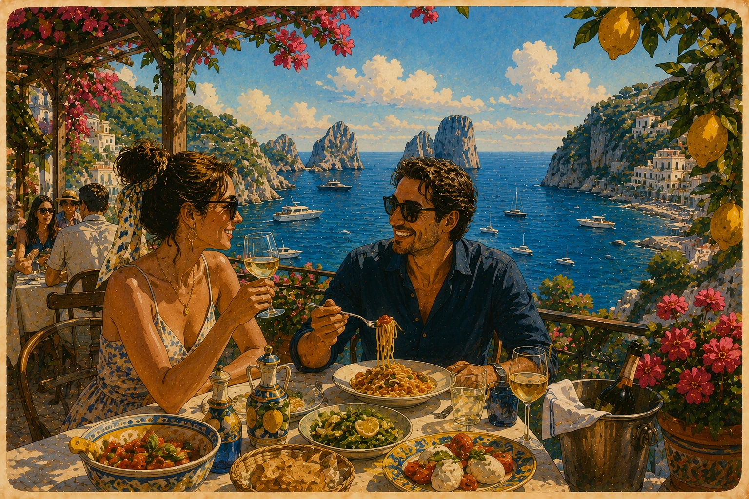 Illustration of a Mediterranean lunch overlooking the sea and Capri cliffs