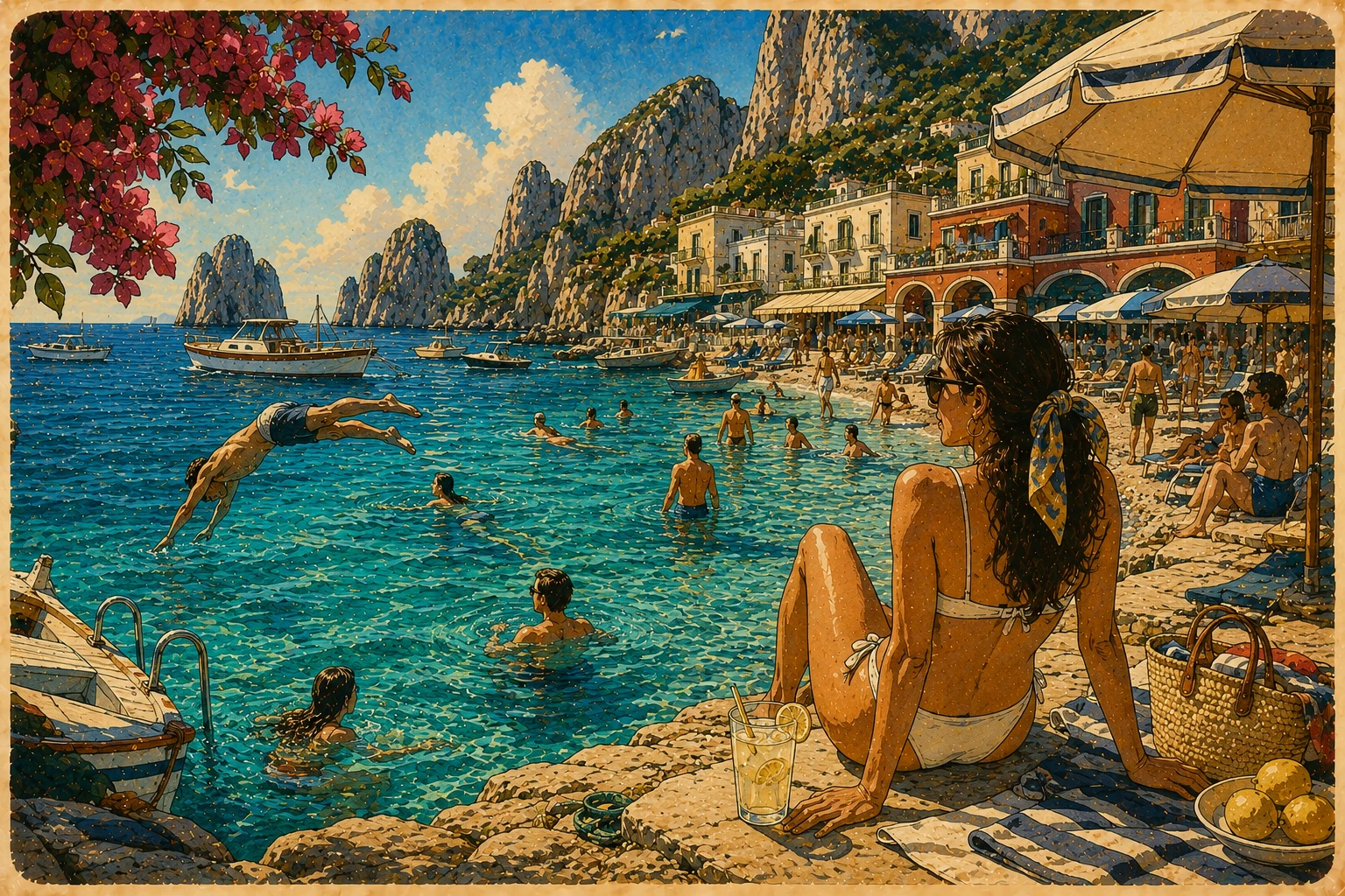 Illustration of swimmers in the sheltered turquoise water of Marina Piccola on Capri