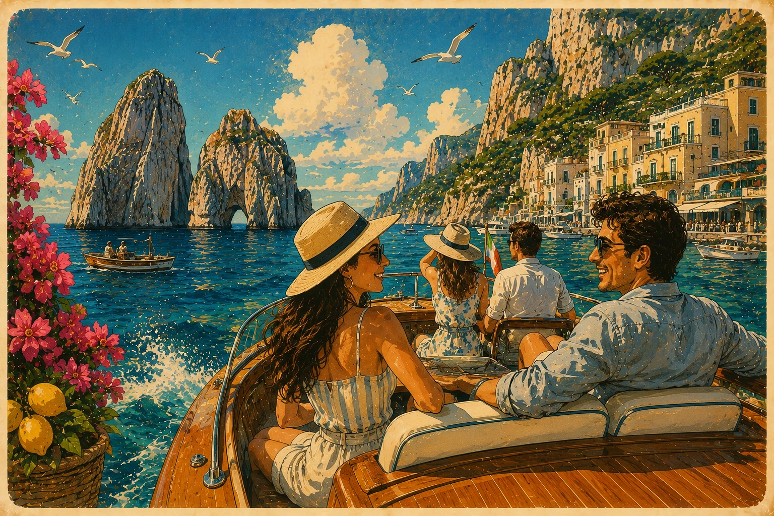 Illustration of a small boat cruising below Capri's dramatic limestone cliffs
