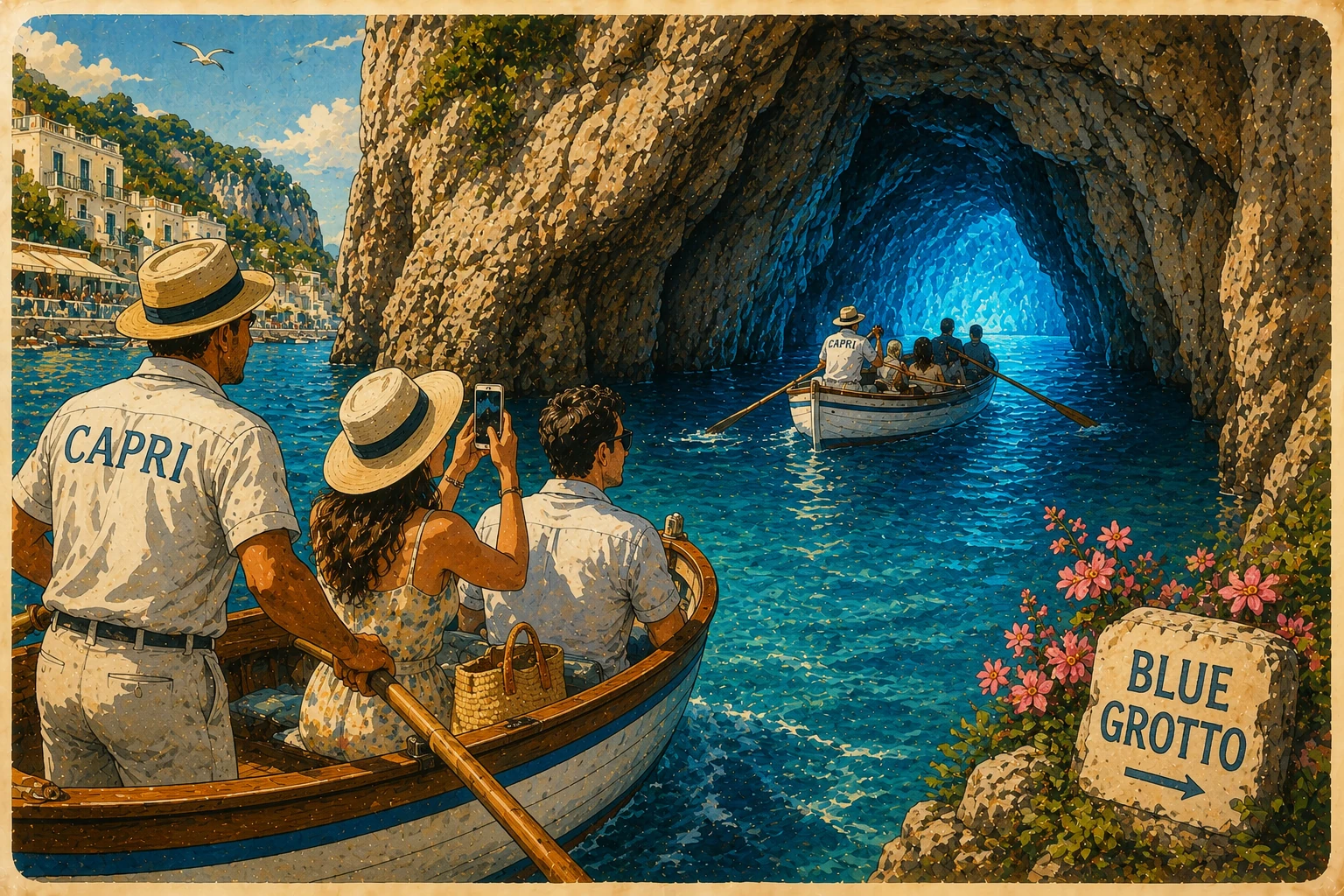 Illustration of visitors entering Capri's Blue Grotto in a rowing boat