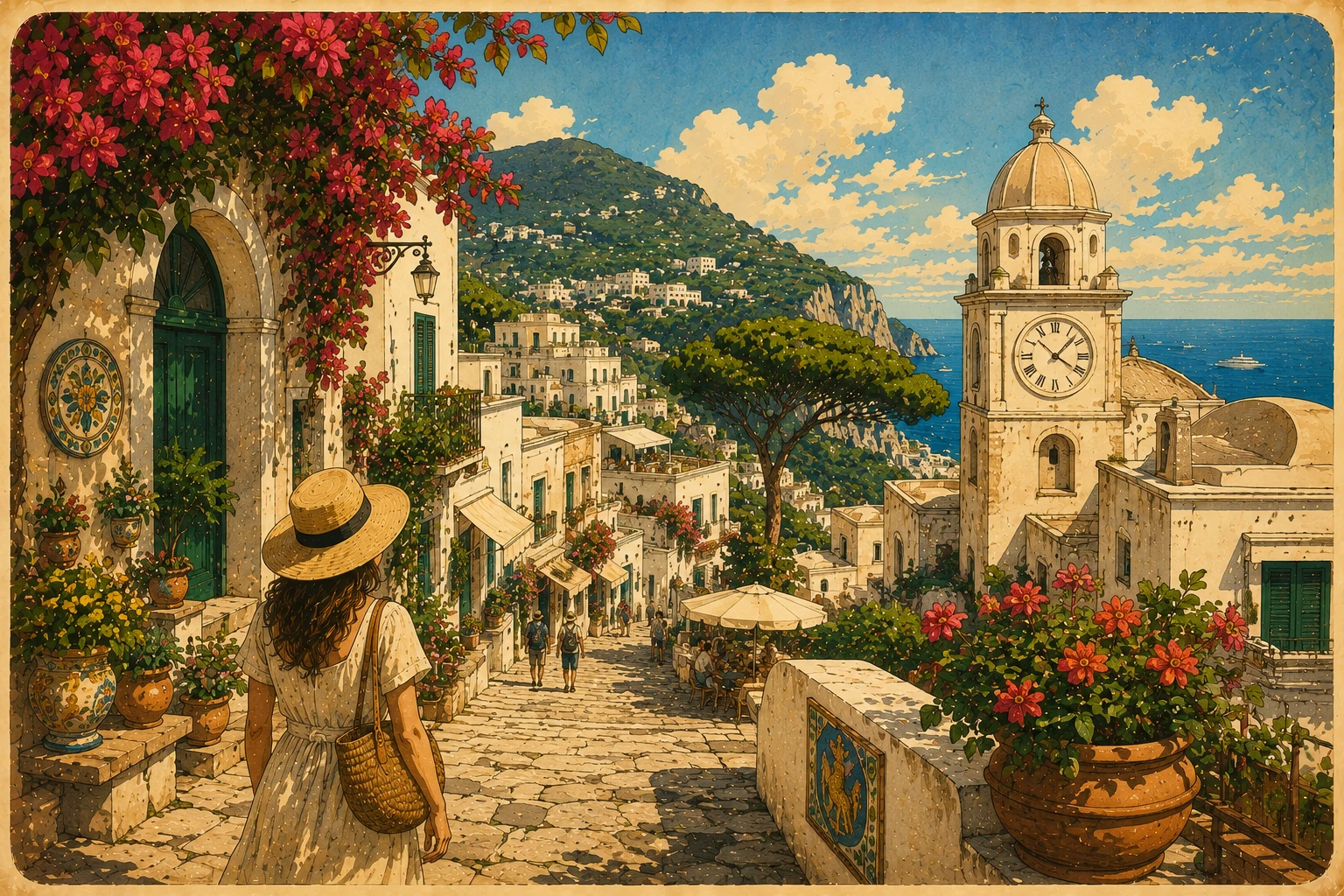 Illustration of quiet lanes, whitewashed buildings, and flowers in Anacapri