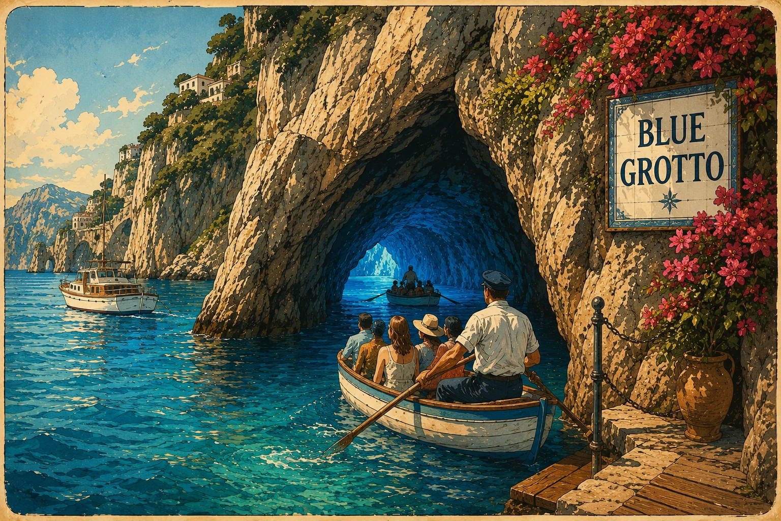 Illustration of a small boat entering the luminous Blue Grotto on Capri