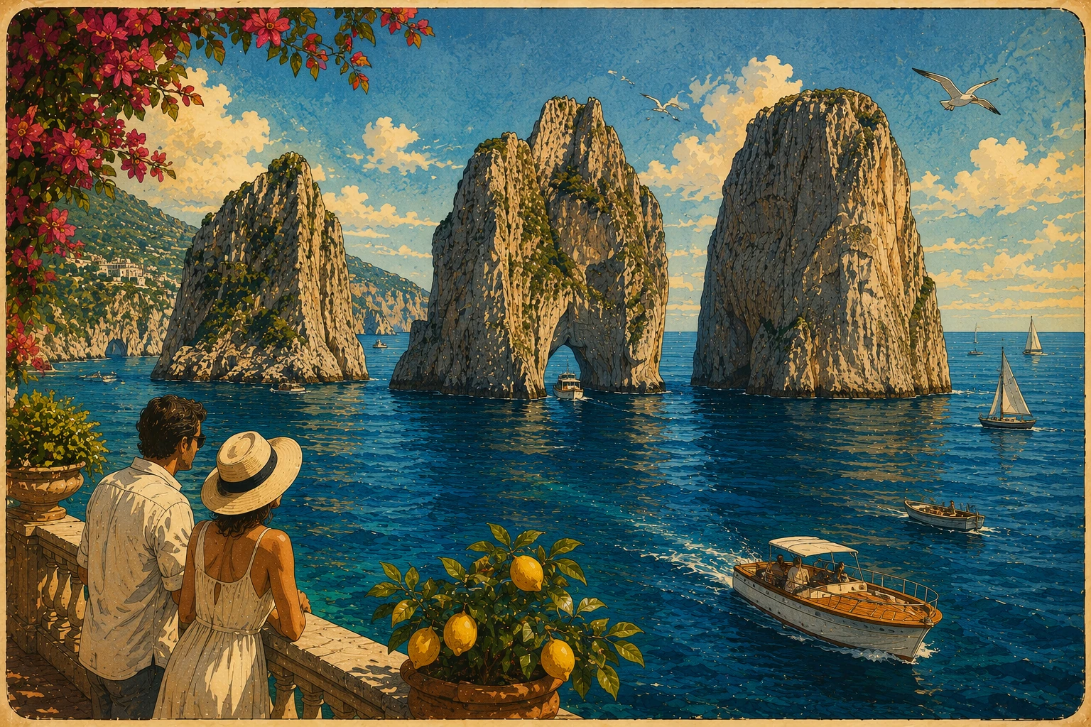 Illustration of Capri's Faraglioni sea stacks rising from clear blue water