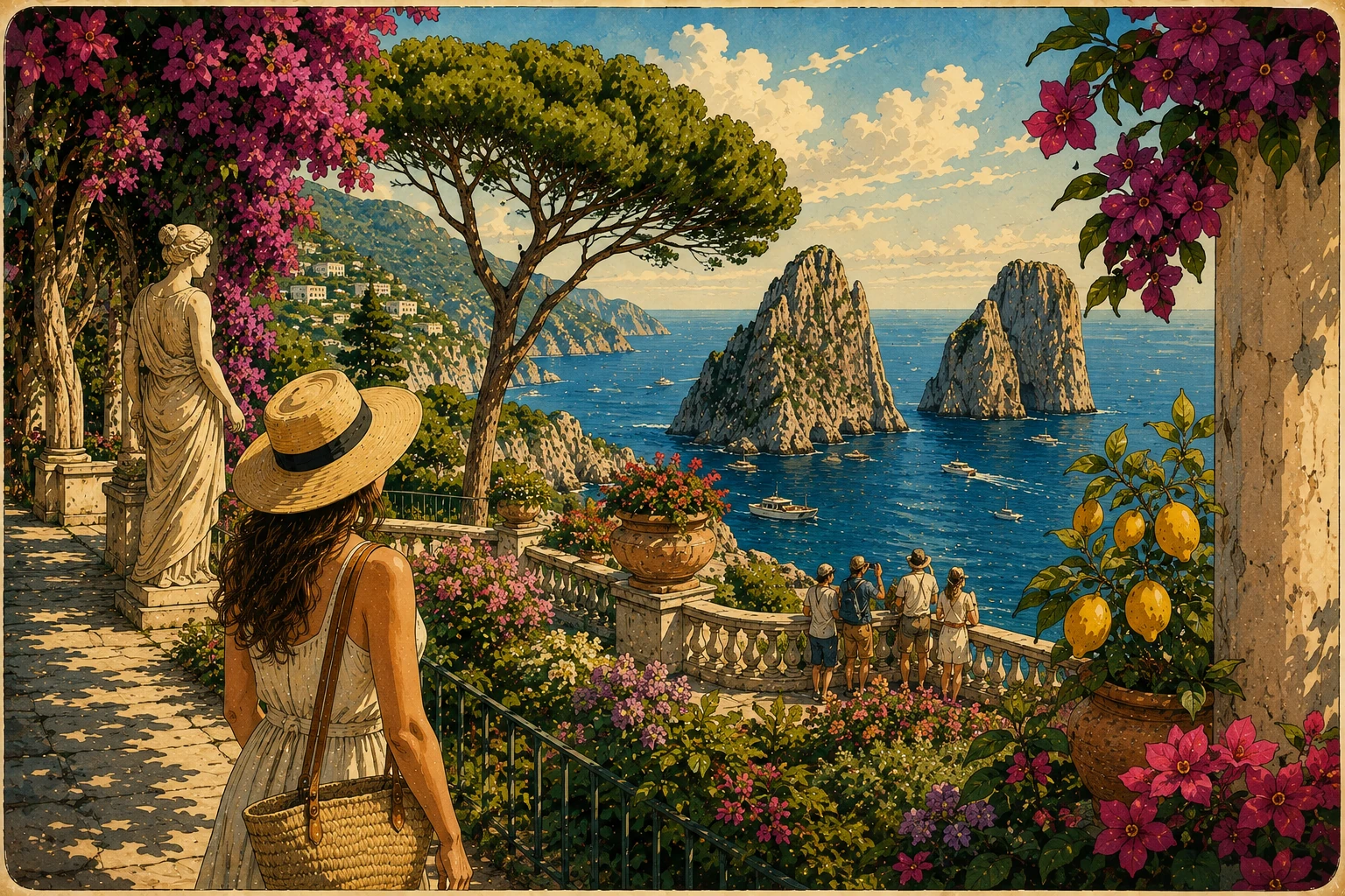 Illustration of flower-filled terraces overlooking the Faraglioni from the Gardens of Augustus