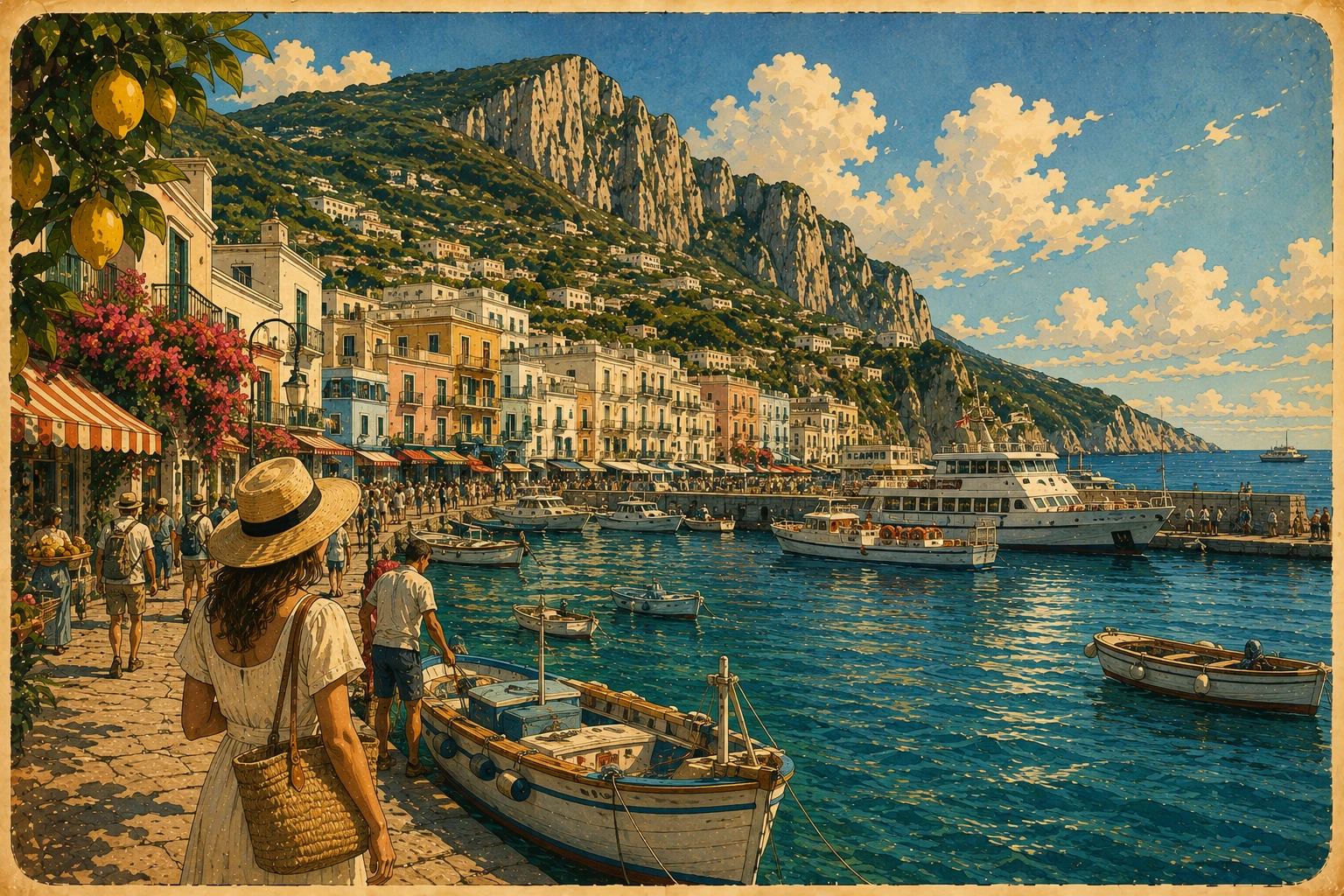 Illustration of colorful boats and waterfront buildings at Marina Grande on Capri