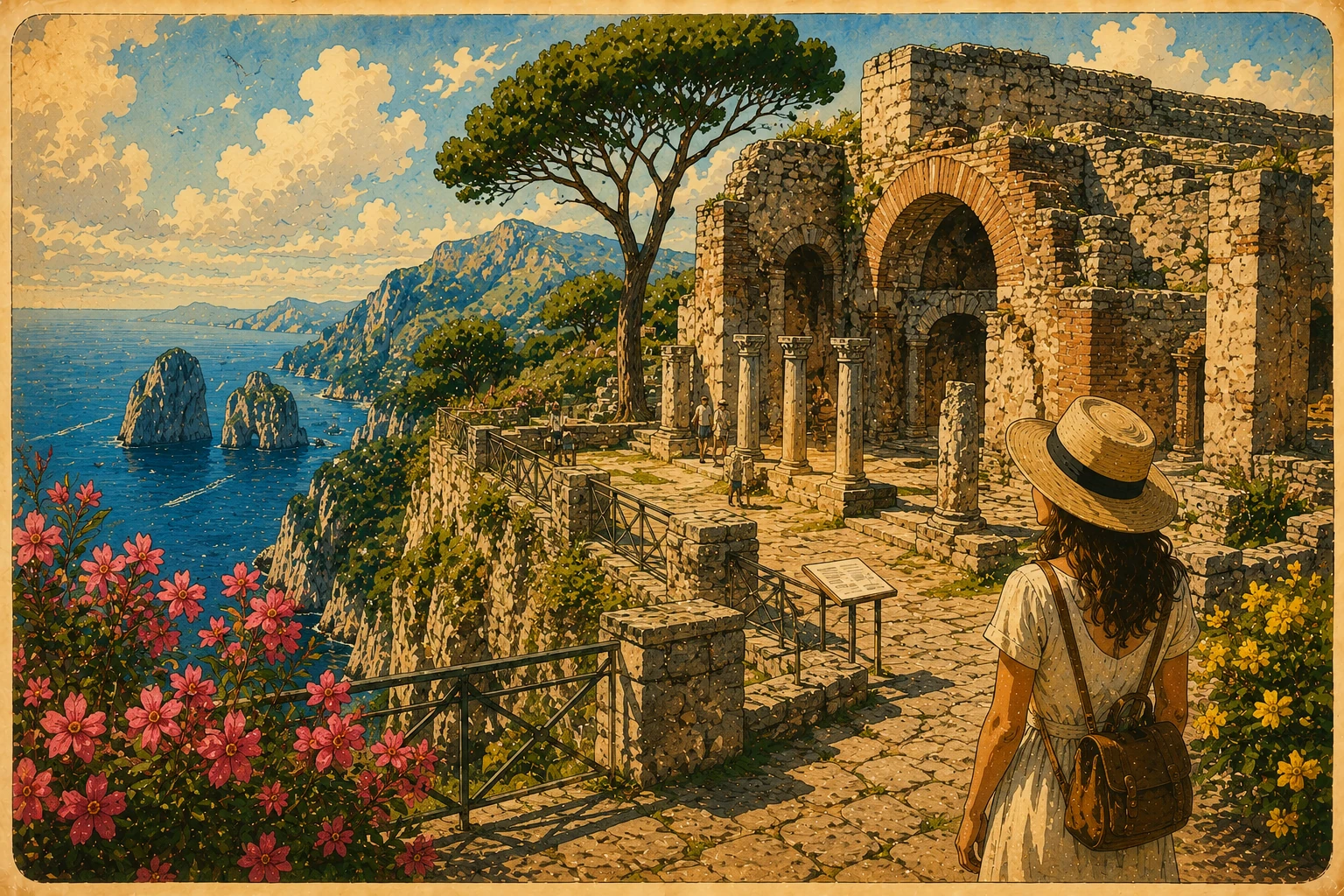 Illustration of the Roman ruins of Villa Jovis high above the sea on Capri