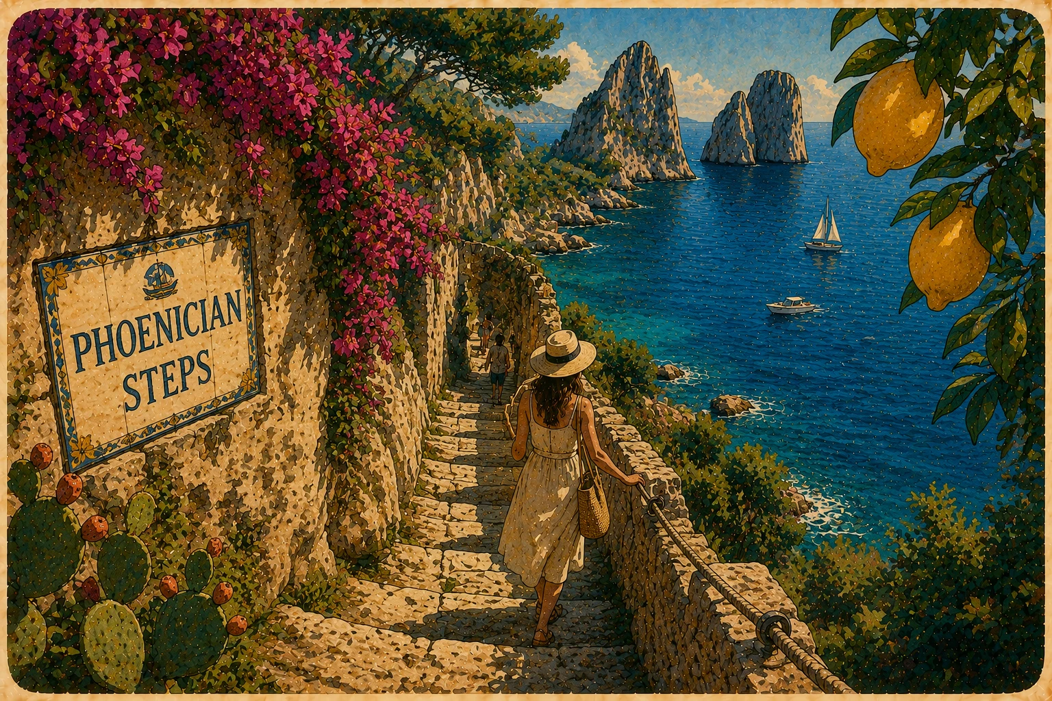 Illustration of the historic stone Phoenician Steps climbing between Capri and Anacapri