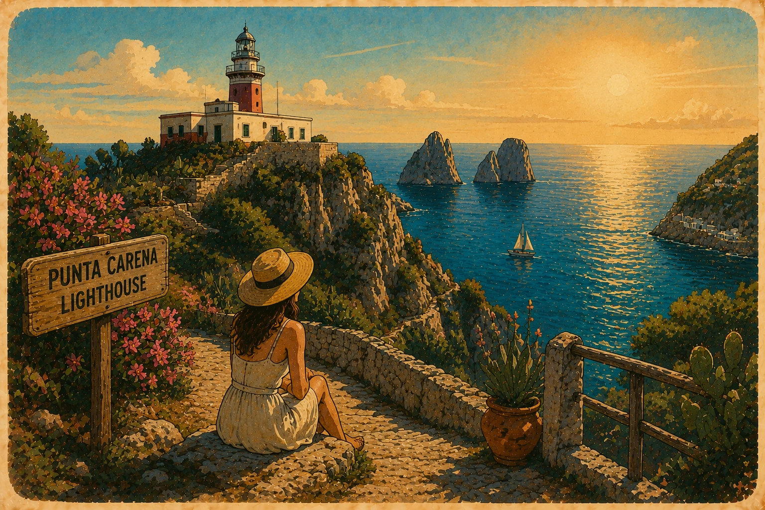 Illustration of Punta Carena Lighthouse at sunset on Capri's western coast