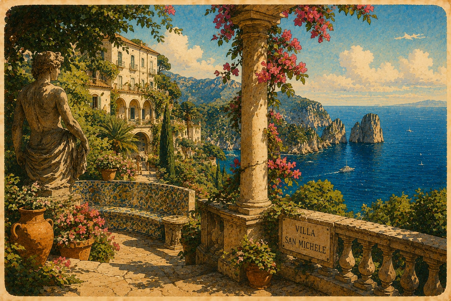 Illustration of the garden terraces and sea view at Villa San Michele in Anacapri