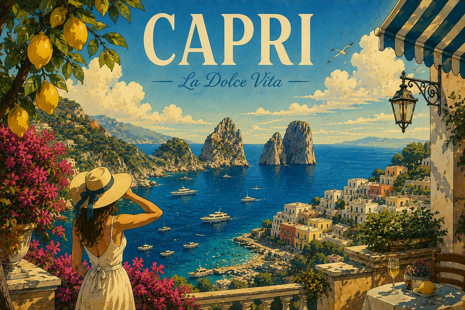 Illustrated panorama of Capri with the Faraglioni, cliffside villages, boats, and the Bay of Naples