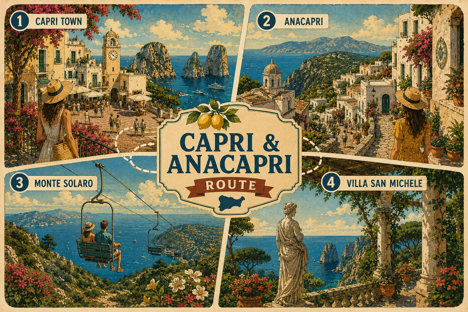 Illustrated route connecting Capri Town, Anacapri, Villa San Michele, and Monte Solaro