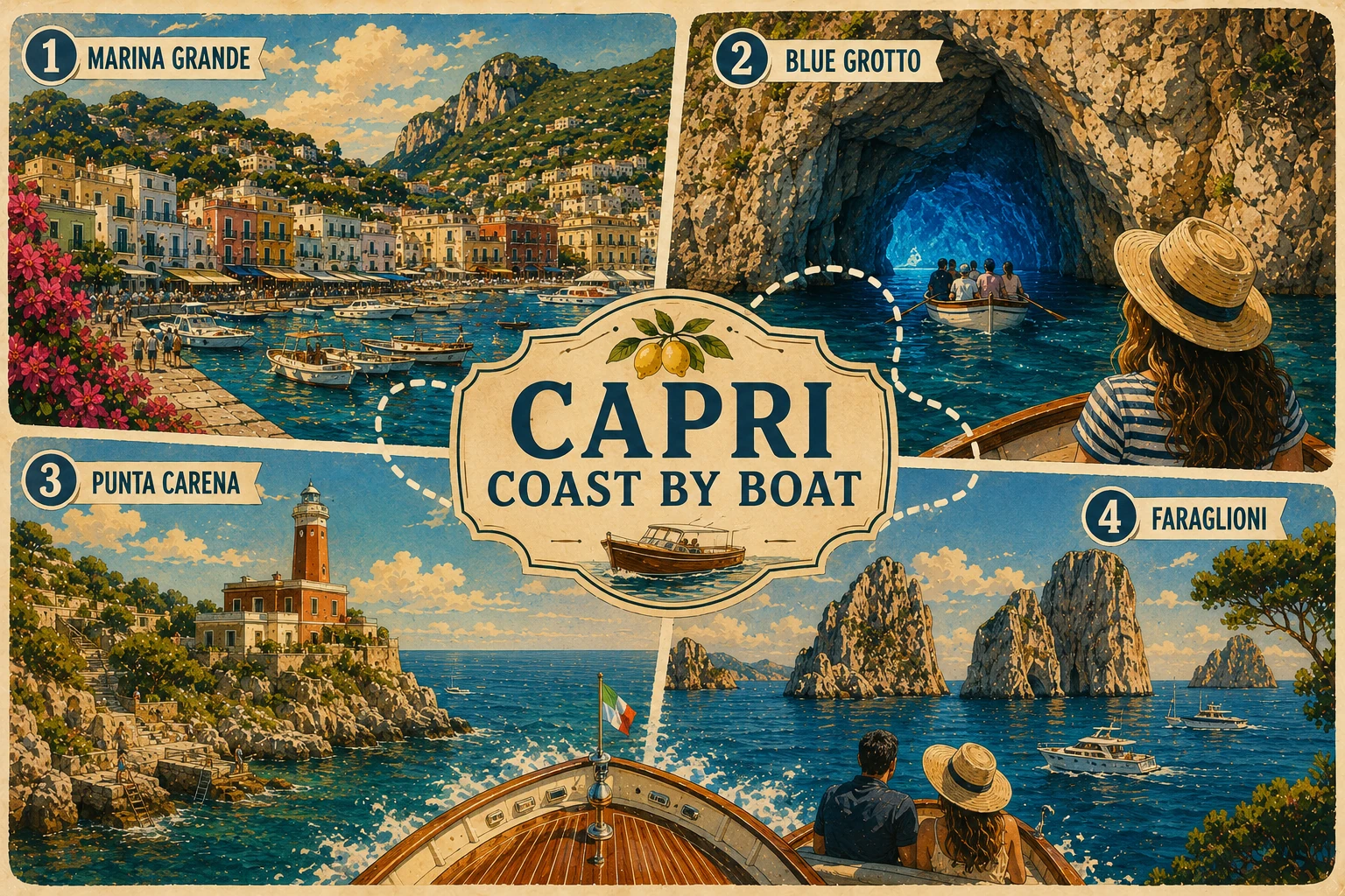 Illustrated boat route around Capri's grottos, Faraglioni, and coastal cliffs