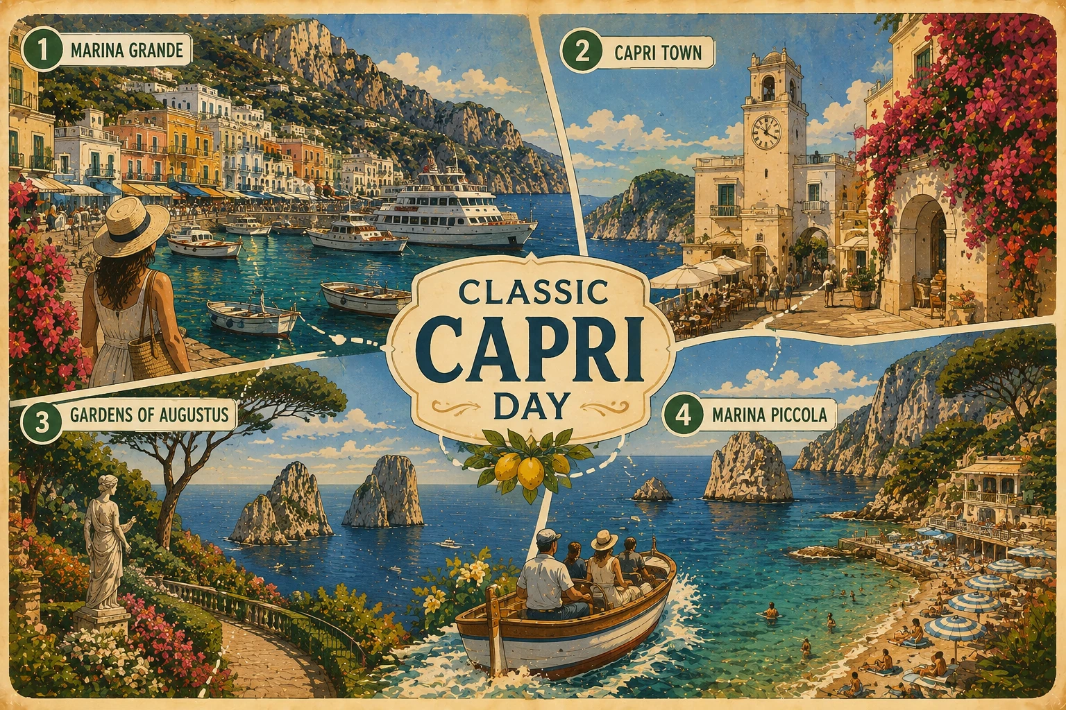 Illustrated classic Capri day route from Marina Grande through Capri Town and the Gardens of Augustus