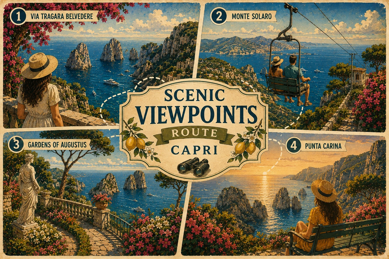 Illustrated Capri viewpoint route with the Faraglioni, Monte Solaro, and Punta Carena