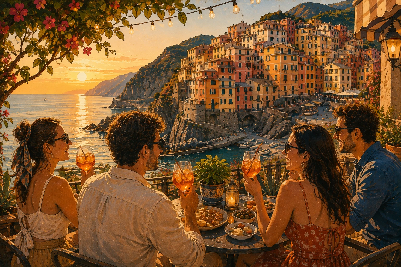 Illustration of aperitivo overlooking Manarola and the Ligurian Sea